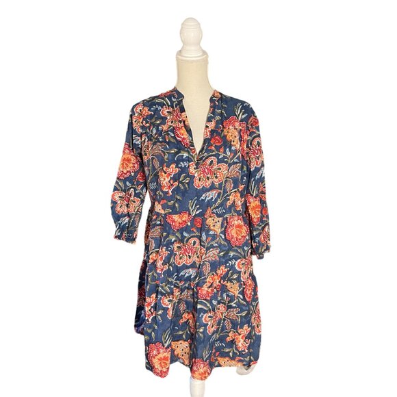 Fitzroy & Willa Marti Tiered Dress M medium blue floral block print India - Picture 1 of 9